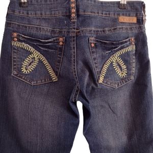 Cowgirl Tuff Women's Boot Cut Jeans - Blue with Green Stitching